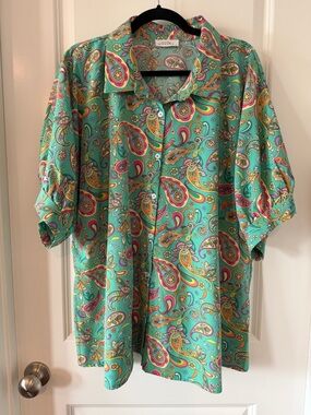 Emily Wonder 2x Turquoise Paisley Button-Up Blouse Puff Sleeves Collar Colorful